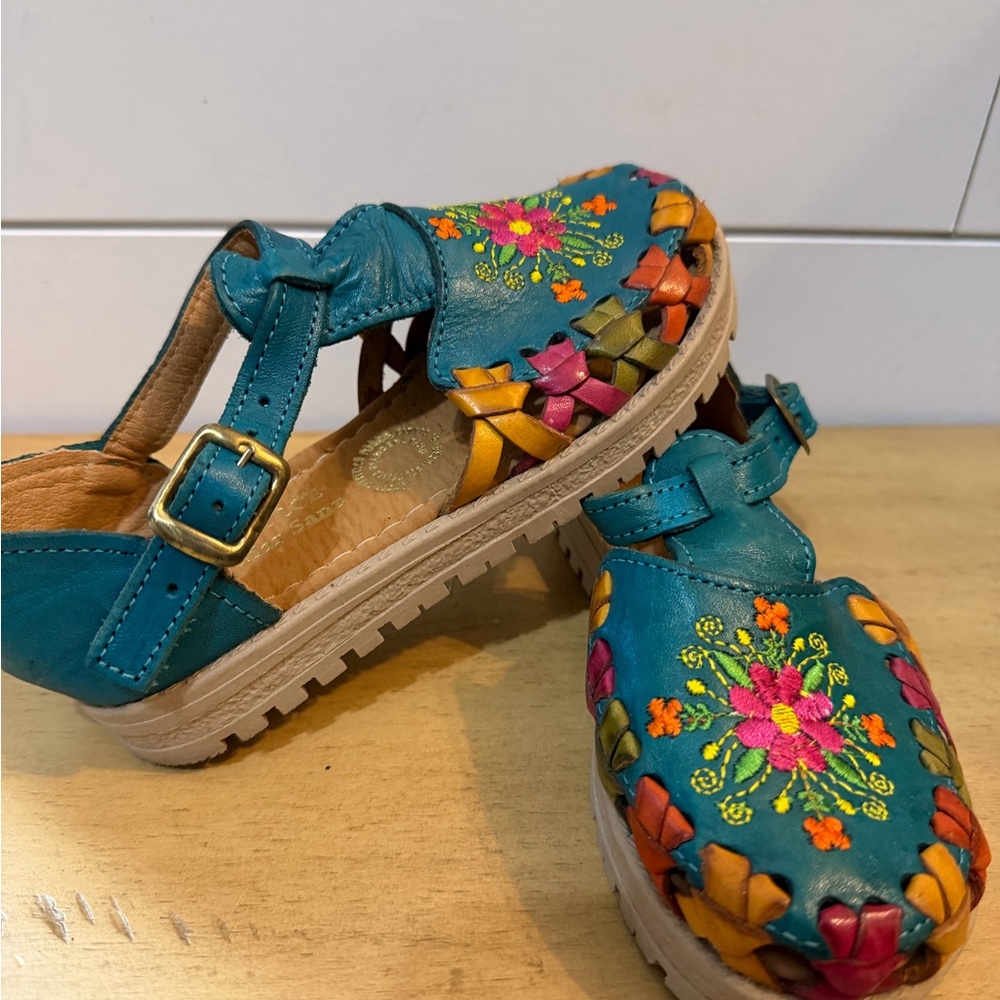 Kids' Teal Embroidered Leather Sandals